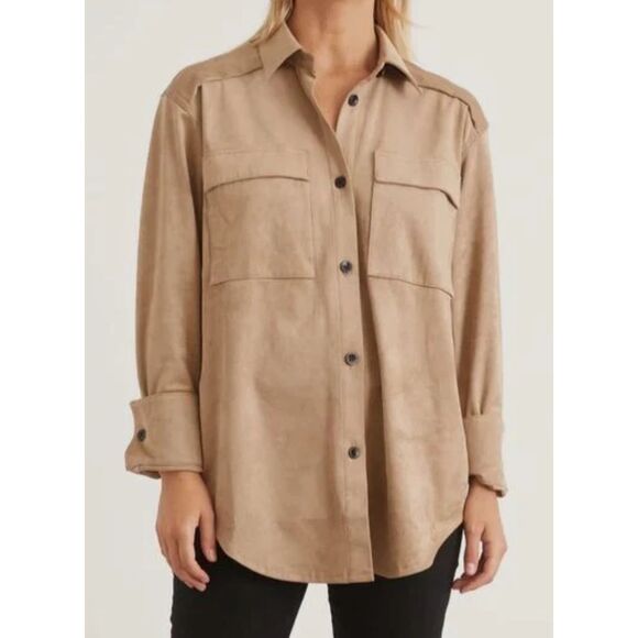 PROENZA SCHOULER WHITE LABEL Faux‎ Suede Button Down Beige Sz 2 (Small) - Picture 1 of 6